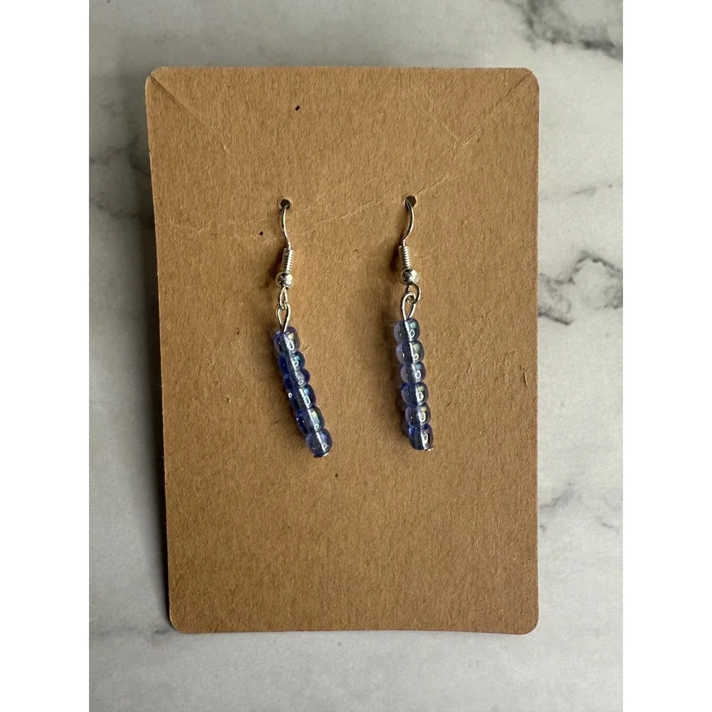 handmade beaded dangle earrings and bracelet set blue and silver tone‎